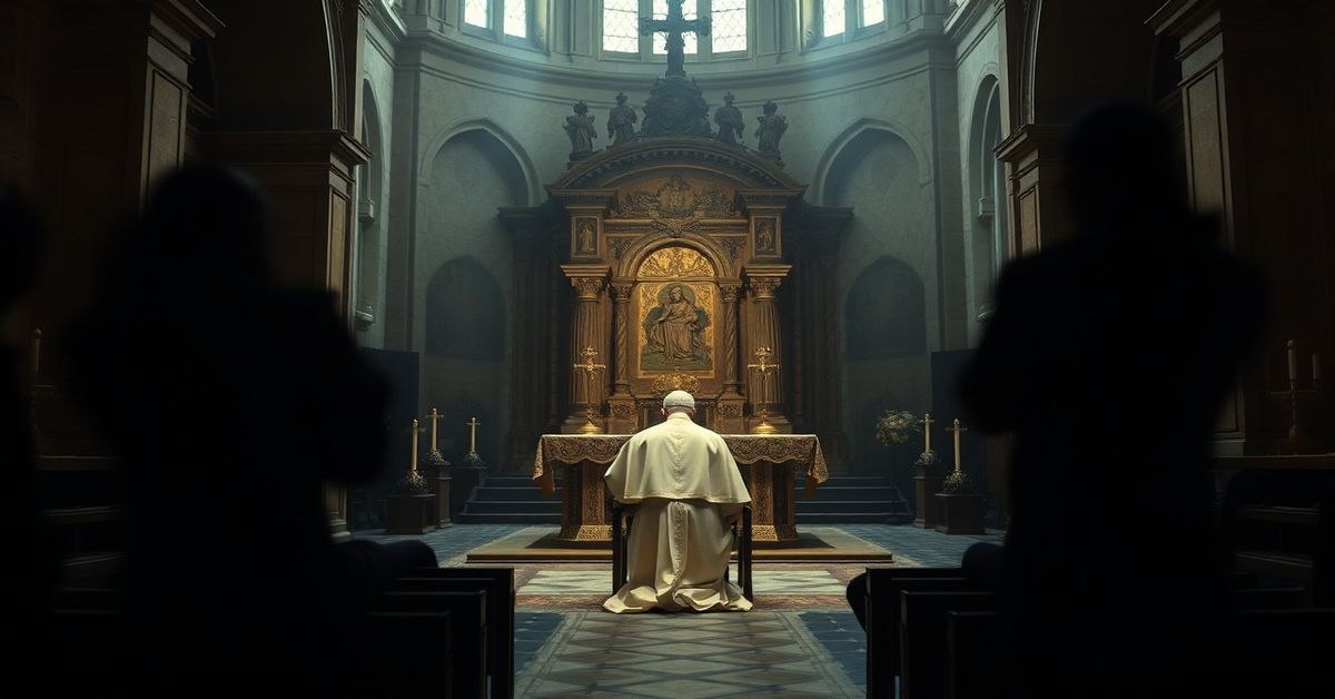 Obraz przedstawiający fałszywego papieża Leona XIV klęczącego przed tabernakulum w bazylice Matki Bożej Afrykańskiej w Algierze, otoczonego pustką modernistycznej liturgii.