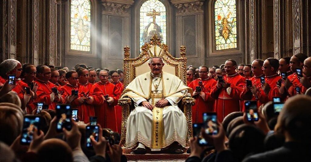 Scena tradycyjnie katolicka przedstawiająca fałszywego "Papieża Leona XIV" Roberta Prevosta na tronie papieskim w Bazylice św. Piotra, otoczonego kardynałami w modernistycznych ornatach. Atmosfera jest poważna i uroczysta, z promieniami słonecznymi przecinającymi witrażowe okna. Na tle widoczna jest tłum osób z telefonami komórkowymi śledzącymi jego popularność na ekranach cyfrowych. Kompozycja podkreśla kontrast między światem sakralnym a świecką obsesją statystykami.