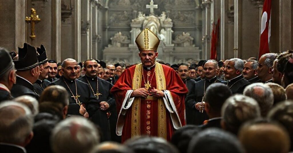 Obraz przedstawiający fałszywego papieża Leo XIV podczas wizyty w Libanie w otoczeniu duchowieństwa katolickiego, w tym kardynała Béchara Boutrosa Raï. Scena podkreśla pustkę modernistycznych gestów bez autentycznej sakramentalnej mocy.