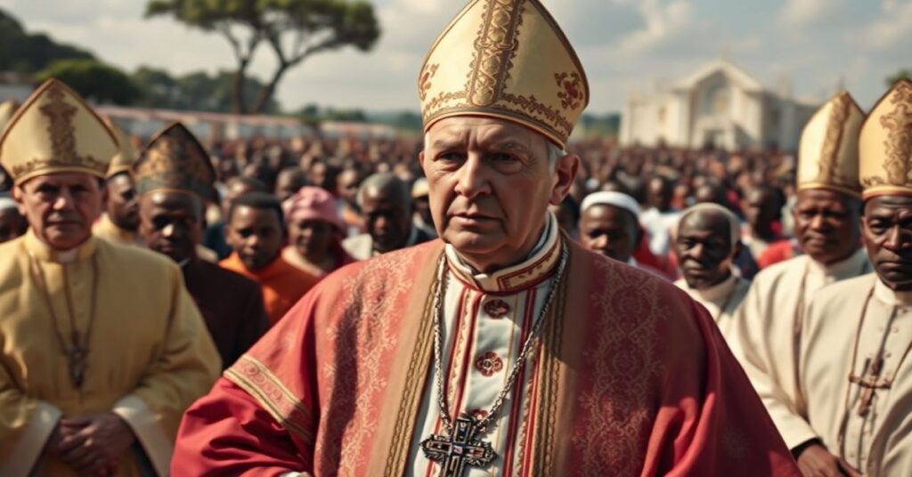 Obraz przedstawiający fałszywego papieża Leona XIV podczas jego kontrowersyjnej pielgrzymki do Afryki w 2026 roku, otoczonego przez biskupów modernistów w tradycyjnych, ale pustych ornatach.