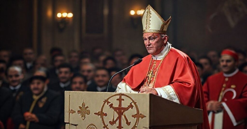 Obraz przedstawiający fałszywego papieża Leona XIV podczas heretyckiej mowy w Ankarze w Turcji 27 listopada 2025 roku. Na pierwszym planie widoczny jest biskup katolicki w tradycyjnych ornatyach wyraziając smutek i zdrada nauki Kościoła.