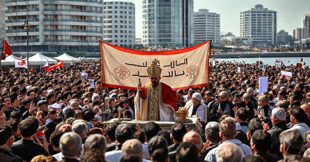 Pseudopapież Leon XIV na nabrzeżu w Bejrucie otoczony przez tłum wiernych podczas kontrowersyjnej pielgrzymki