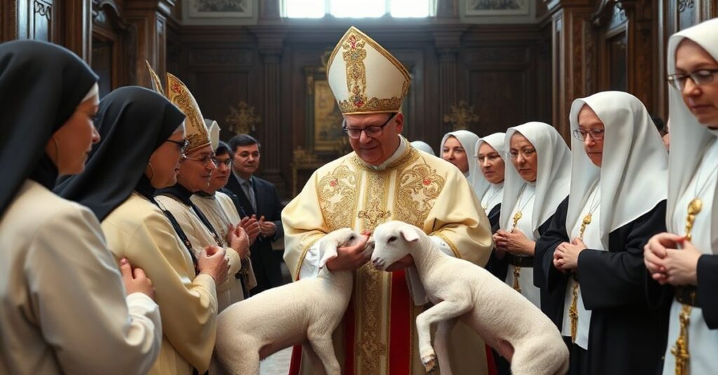 Scena z fałszywie papieżem Leona XIV błogosławiącego baranki w Kapituli Urbana VIII, otoczonego przez bezpośrednich heretyckich metropolity w nieprawowitym paliuszu.