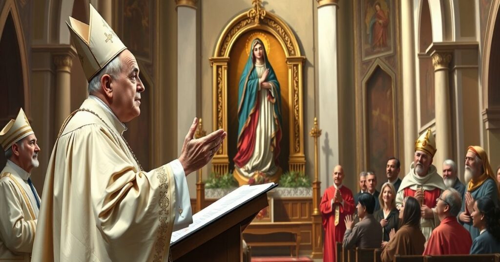 Portret fałszywego "Papieża" Leona XIV podczas przemowy o Dniu Misyjnych Modlitw w otoczeniu modernistycznych symboli i ekumenicznych postaci.