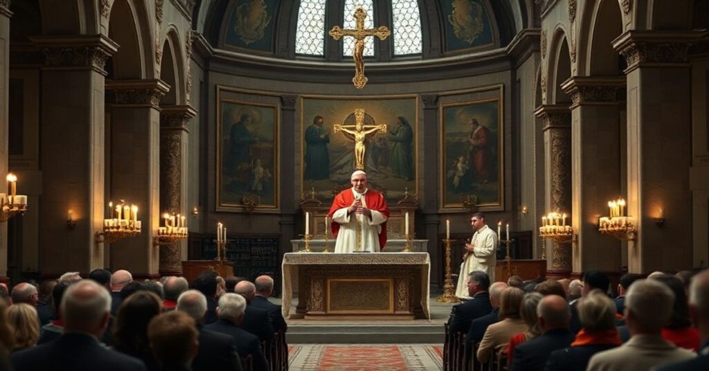 Wnętrze kościoła przedstawiające fałszywego "Papieża" o imieniu Leon XIV podczas modlitwy Anioł Pański w 2026 roku. Scena uwypukla herezję ekumenizmu i odrzucenie prawdziwej wiary katolickiej.