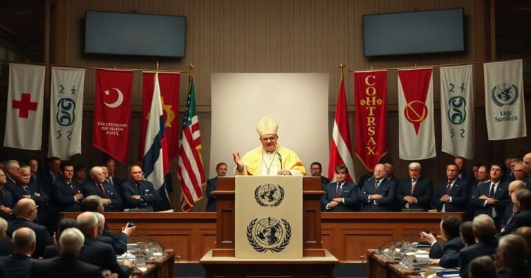 Obraz przedstawiający fałszywego papieża przemawiającego w siedzibie FAO z socjalistycznymi symbolami w tle