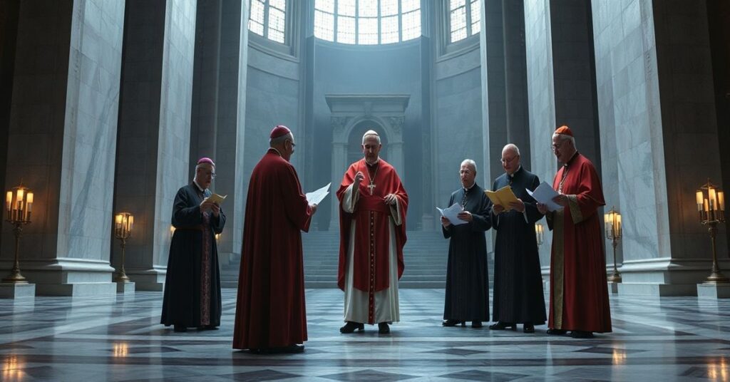 Scena w katedrze z fałszywym papieżem Leonem XIV i amerykańskimi "kardynałami" Cupichem, McElroyem i Tobinem w otoczeniu nowoczesnej architektury