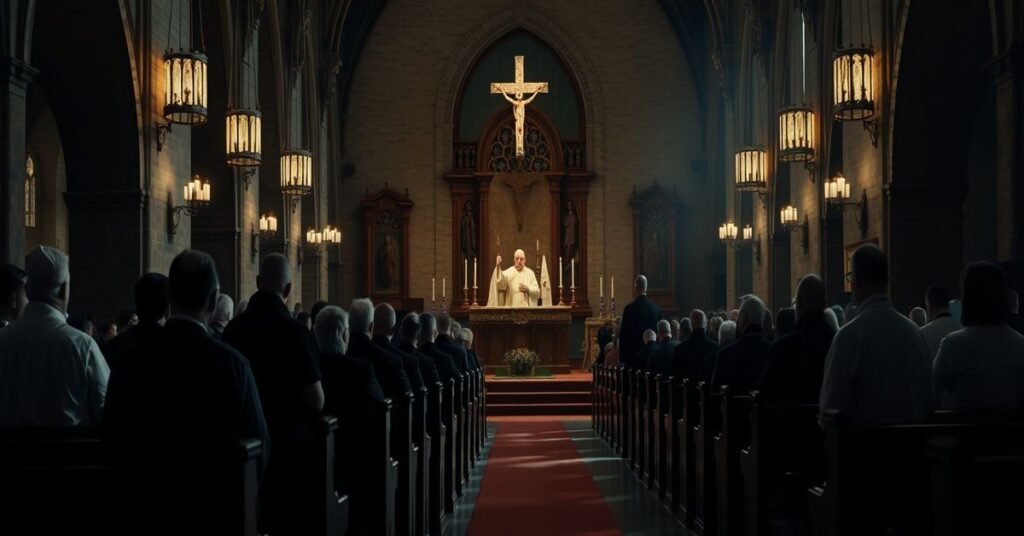 Wnętrze kościoła podczas wielkopostnych rekolekcji. Fałszywy "Papież Leon XIV" i biskup Erik Varden prowadzą modernistyczne nabożeństwo.