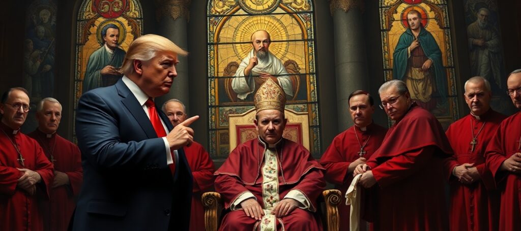 Portret Donalda Trumpa i fałszywego papieża Leona XIV w napiętej atmosferze dyplomatycznej, podkreślający konflikt między światem polityki a fałszywą władzą kościelną.