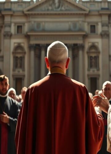 Fałszywy "papież" Leon XIV i salezjanie - Apostazja w Kościele Obraz przedstawiający fałszywego "papieża" Leona XIV podczas przemówienia do salezjan w Rzymie, symbolizujący apostazję i modernizm.