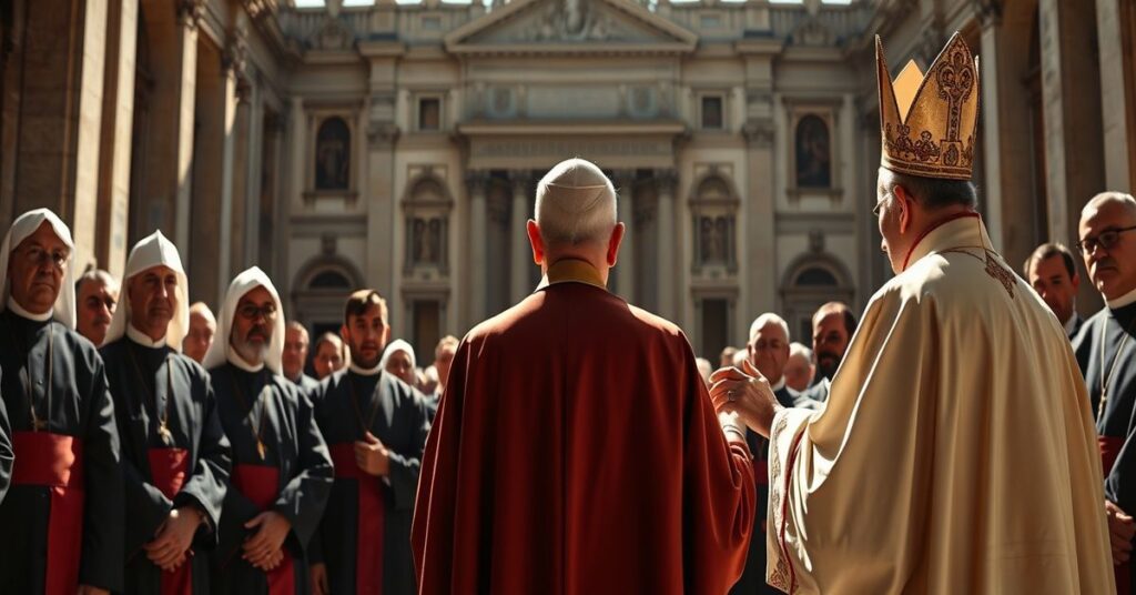 Obraz przedstawiający fałszywego "papieża" Leona XIV podczas przemówienia do salezjan w Rzymie, symbolizujący apostazję i modernizm.