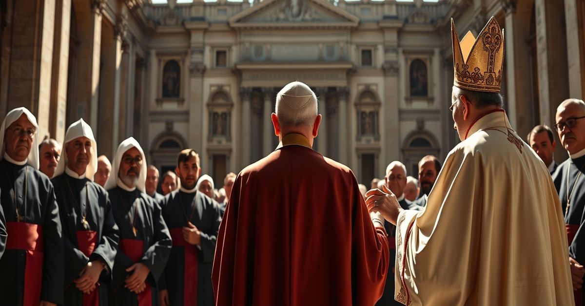 Fałszywy "papież" Leon XIV i salezjanie - Apostazja w Kościele Obraz przedstawiający fałszywego "papieża" Leona XIV podczas przemówienia do salezjan w Rzymie, symbolizujący apostazję i modernizm.