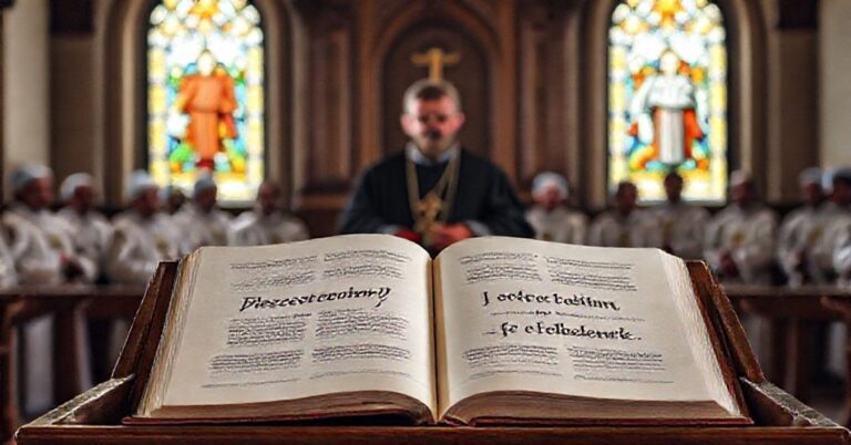 Sobótni obraz przedstawiający fałszywego papieża Leona XIV i modernistycznych biskupów podczas kontrowersyjnego apelu o pojednanie bez nawrócenia.