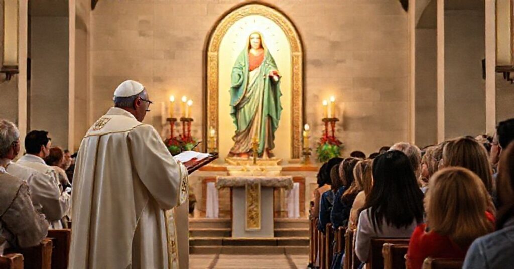 Wierni uczestniczą w nieszporach z fałszywym papieżem przed modernistycznym obrazem Matki Bożej z Pompejów.