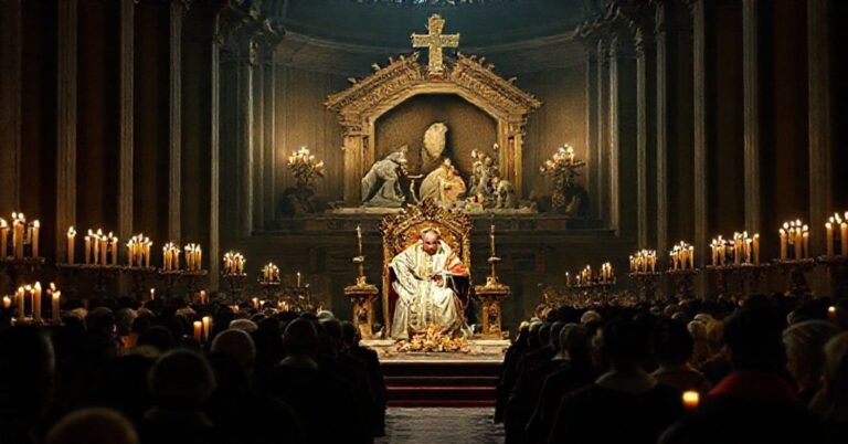 Scena z bazylii watykańskiej podczas pasterki, gdzie fałszywy papież Leon XIV wygłasza heretyckie kazanie o Bożym Narodzeniu jako wydarzeniu społecznym zamiast boskiego odkupienia