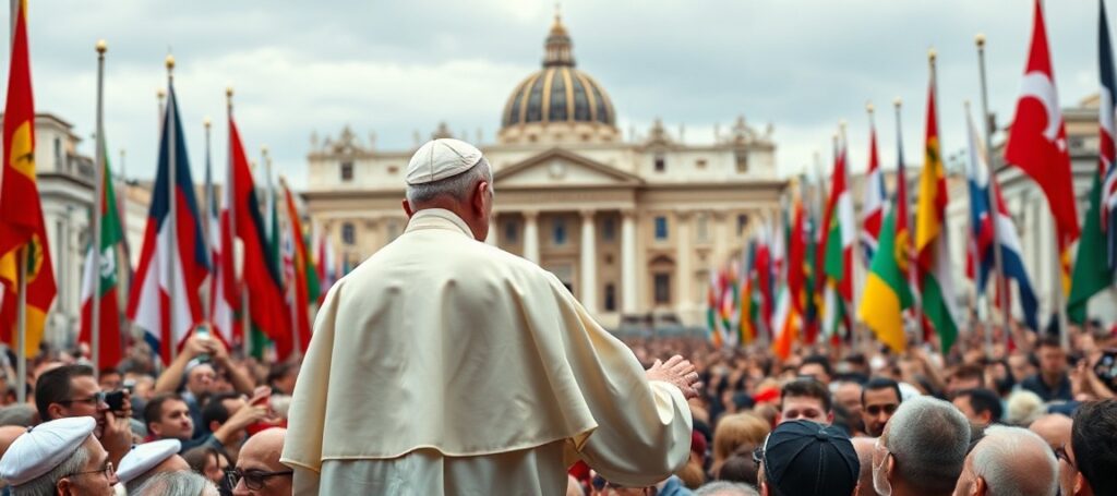 Obrázek przedstawiający fałszywego papieża Leona XIV (Roberta Francisa Prevosta) przemawiajacego do tłumów na Placu Świętego Piotra w Watykanie.