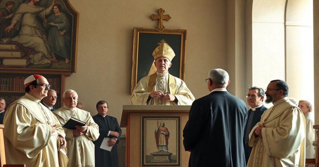 Obraz przedstawiający fałszywego papieża Leona XIV przemawiającego w Papieskiej Akademii Nauk Kościelnych do modernistycznych dyplomatów Watykanu.