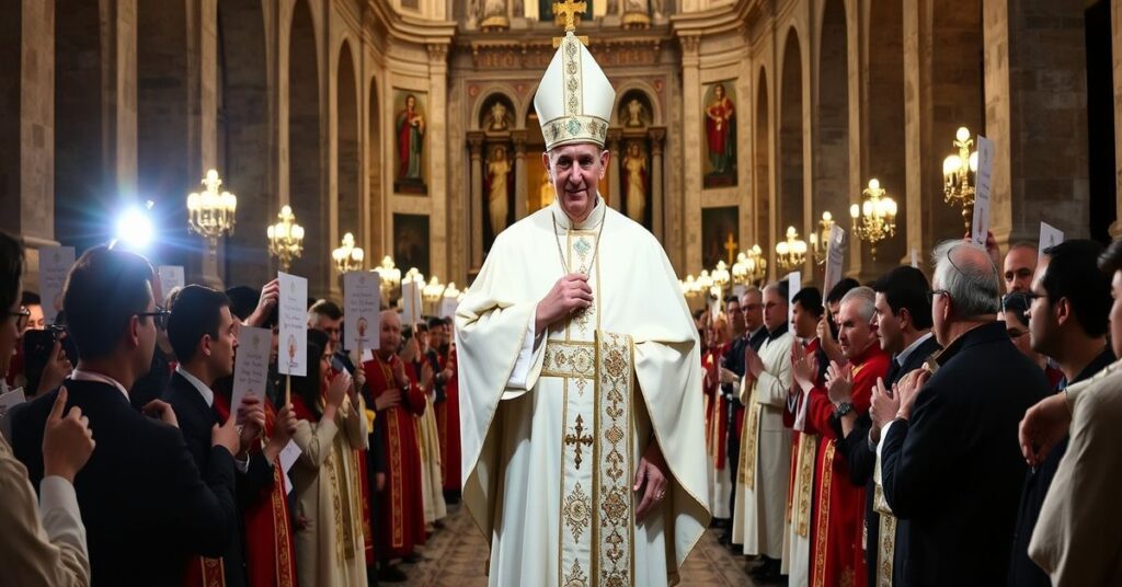 Zdjęcie przedstawiające fałszywego papieża Leona XIV z tłem bazyliki w Asyżu i relikwii św. Franciszka.