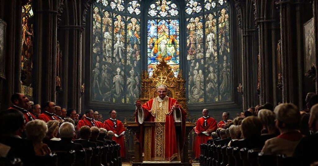 Wizerunek fałszywego papieża Leona XIV podczas przemówienia w katedrze otoczonego polskimi hierarchami w szkarłatnych szatach. Scena podkreśla jego modernistyczną herezję i brak autorytetu.