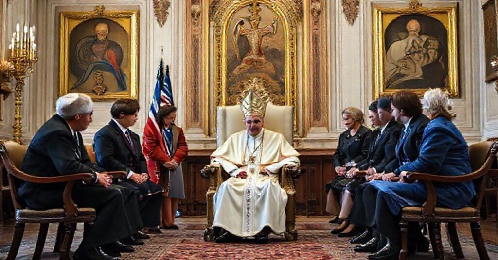Zdjęcie ukazuje fałszywego papieża Leona XIV podczas spotkania z senator Amy Klobuchar oraz ukraińskimi delegatami w Watykanie. Scena podkreśla sekularyzację Kościoła i polityczną dyplomację zamiast duchowej opieki.