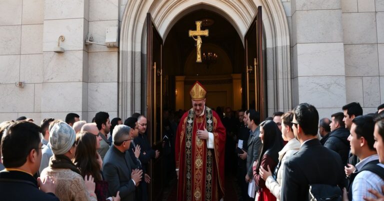 Obraz przedstawiający fałszywego papieża Leona XIV podczas wizyty w antykościelnej katedrze Ducha Świętego w Stambule, otoczonego przez grupę imigrantów, konwertytów i studentów. Scena jest nasączona religijnym oszustwem i ekumenicznym błędem.