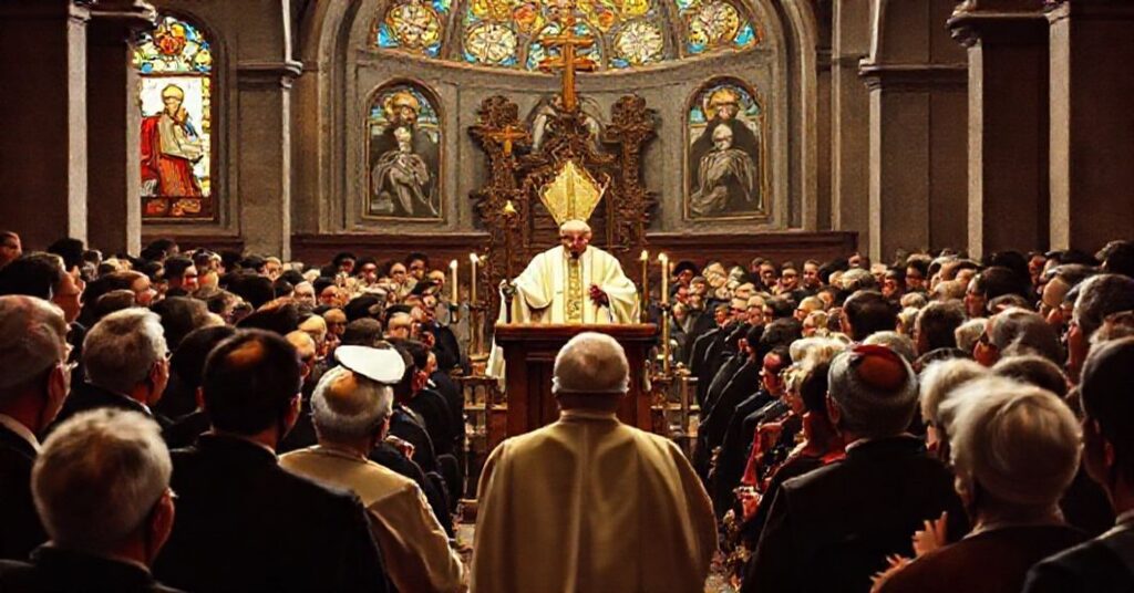 Zgromadzenie tradycyjnych katolików w Stambule słucha mowy fałszywego "papieża" Leona XIV w kościele o stylu bizantyjskim.