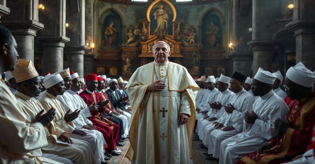 Wizerunek fałszywego papieża Leona XIV podczas synkretycznego spotkania religijnego w katedrze w Bamenda.