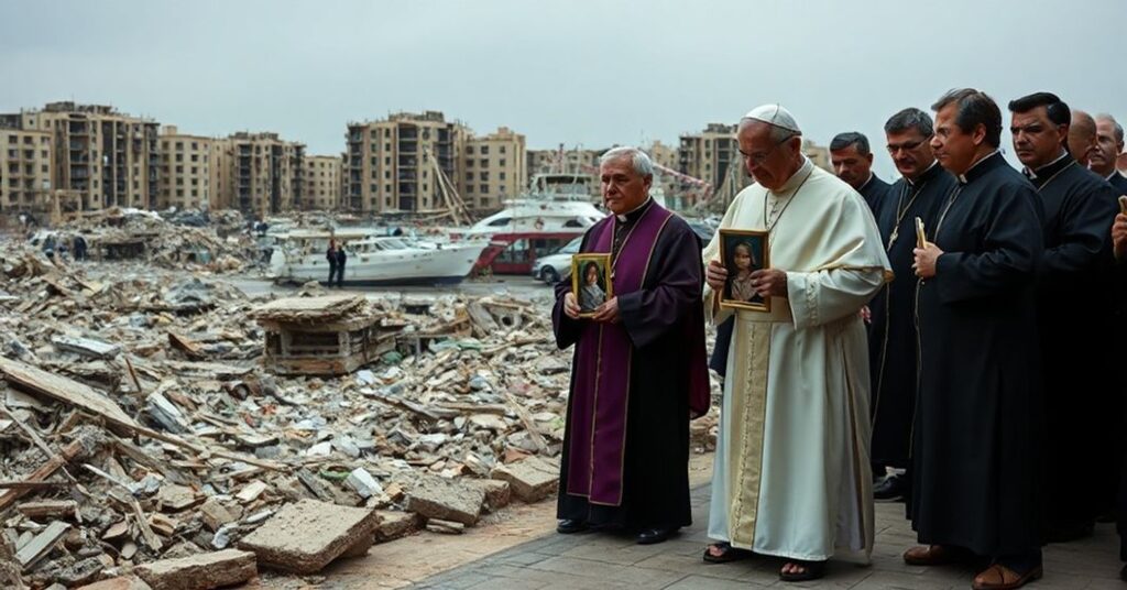 Scena wizyty fałszywego papieża Leona XIV w Bejrucie w Libanie po wybuchu w porcie. Ruiny budynków i rozrzucony gruz symbolizują tragedię. Na pierwszym planie rodzina modląca się, z młodym mężczyzną imieniem William Noun trzymającym zdjęcie swojej zmarłej siostry. Fałszywy papież Leo XIV stoi obok z modernistycznymi duchownymi w ekumenicznym stroju kościelnym. Scena jest ponura z zachmurzonego nieba i przygaszonych kolorów.