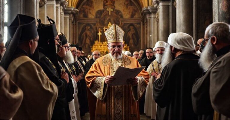 Zdjęcie przedstawiające fałszywego papieża Leona XIV uczestniczącego w schizmatyckiej liturgii z patriarchą Bartłomiejem w Konstantynopolu.