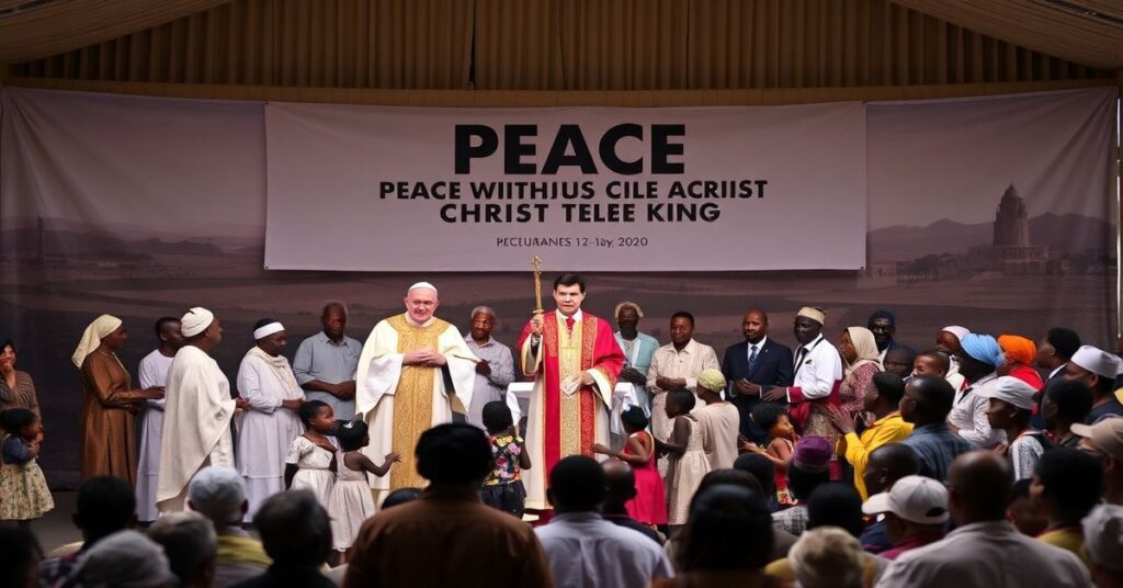 Sądzący obraz przedstawiający fałszywego papieża Leona XIV podczas nieważnej nowoordynacji mszy w Malabo w Gwinei Równikowej w 2026 roku.