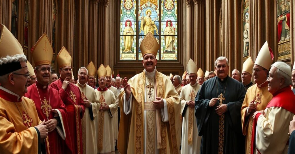 Fałszywy papież Leon XIV podczas wizyty w Monako otoczony modernistycznymi biskupami w liturgicznych ornatach