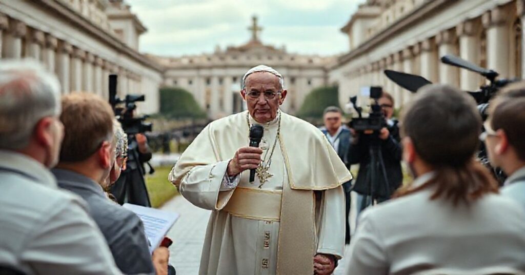 Obraz przedstawiający fałszywego papieża Leona XIV podczas spotkania z pracownikami Dykasterii ds. Komunikacji w Ogrodach Watykańskich. Scena podkreśla synkretyzm pod przykrywką "rodzinnej atmosfery".