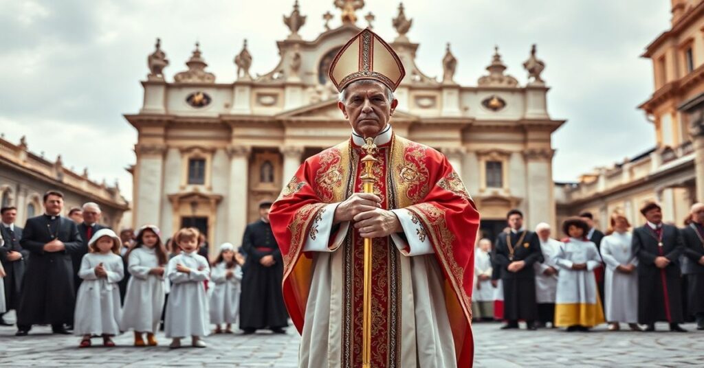 Obraz przedstawiający fałszywego papieża Leona XIV podczas inscenizacji pielgrzymki do Pawii przed Bazyliką San Pietro in Ciel d'Oro. Scena zawiera dzieci w chorych strojach symbolizujących pacjentów onkologicznych i nowomodernistyczne cechy na fasadzie bazyliki.