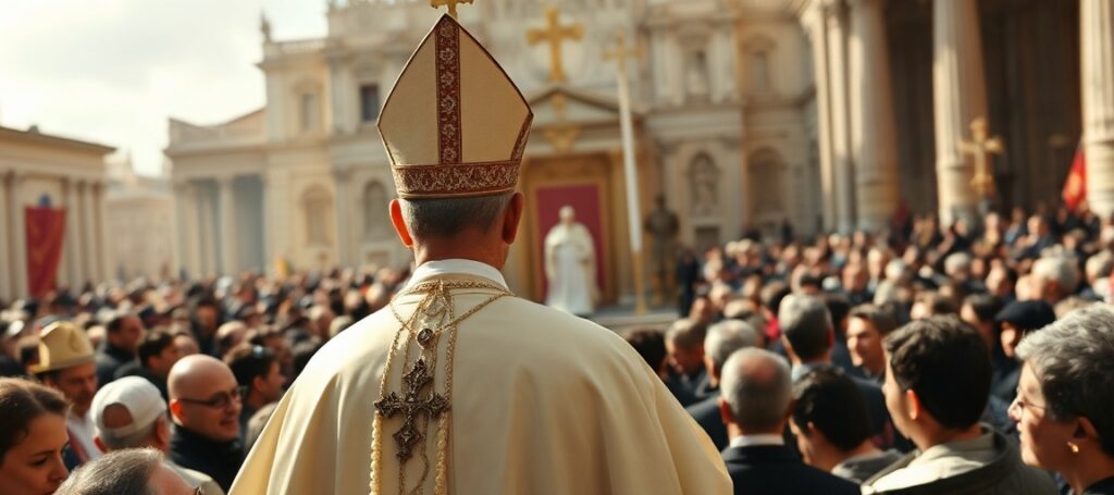 Obraz przedstawiający fałszywego papieża Leona XIV w Pompejach i Neapolu, z pustym tronem św. Piotra na tle. Scena podkreśla kontrast między tradycyjną wiarą katolicką a modernistyczną apostazją.