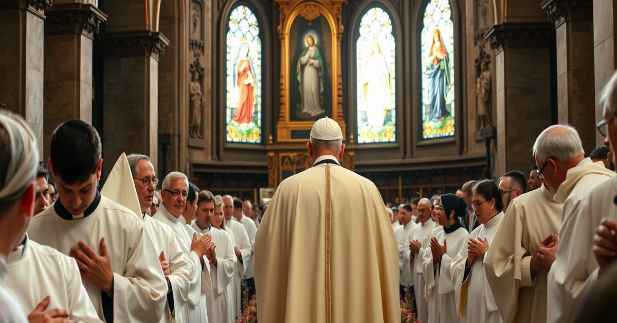 Fałszywy "Papież" Leon XIV w Sanktuarium Matki Bożej z Pompej Ołtarz w sanktuarium Matki Bożej z Pompej w maju 2026 roku z fałszywym "papieżem" Leonem XIV i modlącymi się wiernymi.