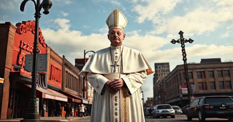 Prawdziwy wizerunek rzekomego "papieża" Roberta Prevosta (Leon XIV) w otoczeniu miejsc takich jak pizzeria Aurelio's i stadion Wrigley Field w Chicago.