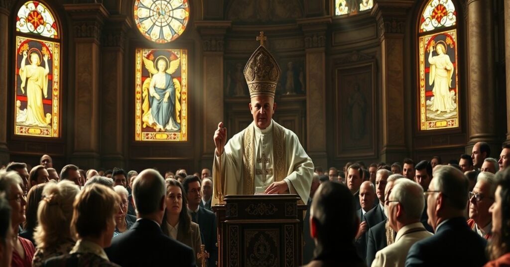 Rysunek przedstawiający fałszywego papieża Leona XIV (Roberta Prevosta) wygłaszającego nowoczesną kazanie w Watykanie