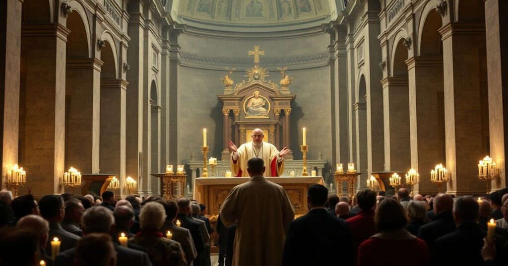 Scena w Bazylice św. Piotra podczas Wigilii Wielkanocnej z fałszywym papieżem Roberta Prevosta przewodniczącym modernistycznej ceremonii.