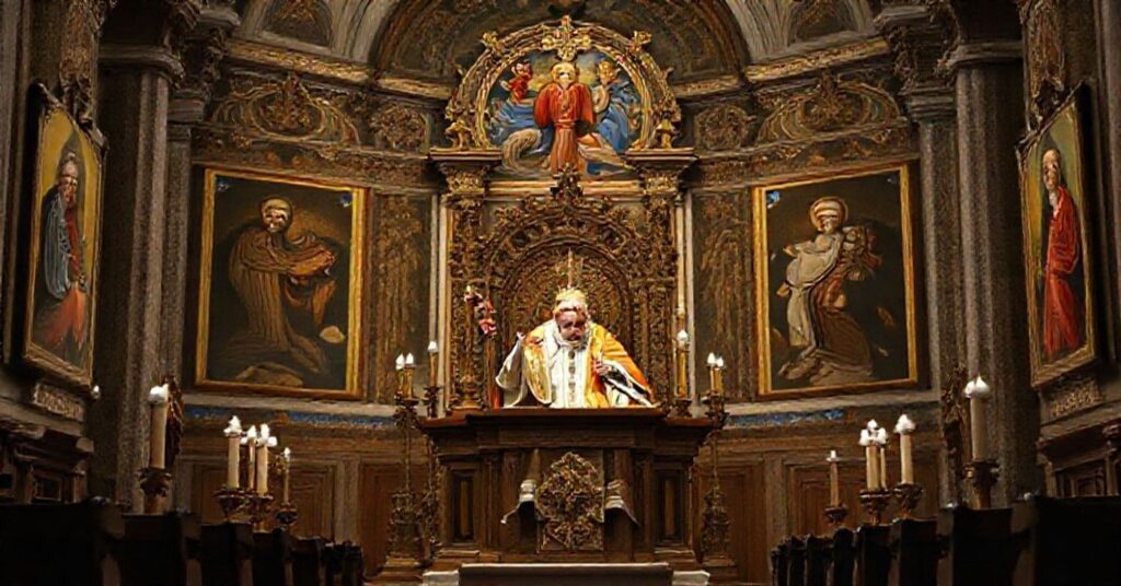 Wnętrze kościoła z tradycyjną ikonografią przedstawiające fałszywego papieża Leona XIV podczas modlitwy Anioł Pański.