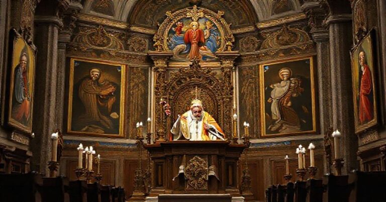 Wnętrze kościoła z tradycyjną ikonografią przedstawiające fałszywego papieża Leona XIV podczas modlitwy Anioł Pański.