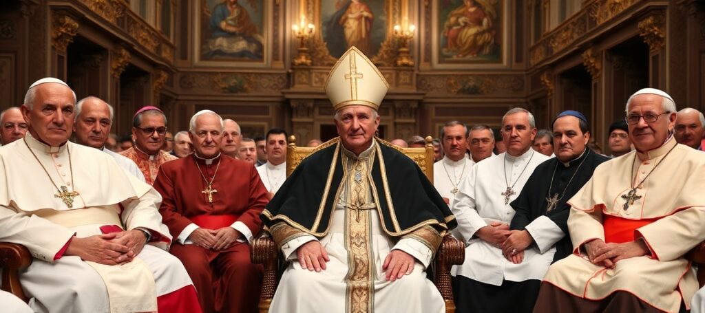 Obraz przedstawiający fałszywego papieża Leona XIV z biskupami z różnych krajów w tradycyjnym katolickim otoczeniu.