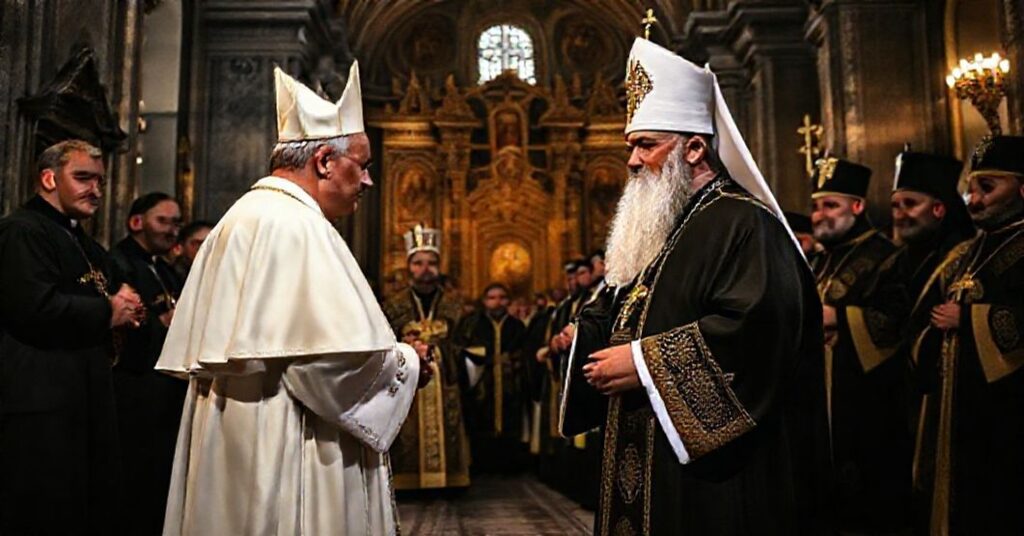 Scena w schizmatyckim Patriarchacie Konstantynopola z fałszywym papieżem Leonem XIV i patriarchą Bartłomiejem I podczas bluzgierczej ceremonii ekumenicznej w Katedrze św. Jerzego
