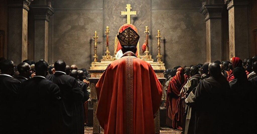 Obraz przedstawiający fałszywego papieża w nowoczesnych strojach liturgicznych przed splugawionym ołtarzem, z ignorowaną grupą cierpiących Afrykanów na tle. Scena wypełniona jest duchowym pustkowiem i zdradą, podkreślając brak królestwa Chrystusa i rzeczywistości sakramentalnej.