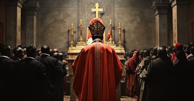 Obraz przedstawiający fałszywego papieża w nowoczesnych strojach liturgicznych przed splugawionym ołtarzem, z ignorowaną grupą cierpiących Afrykanów na tle. Scena wypełniona jest duchowym pustkowiem i zdradą, podkreślając brak królestwa Chrystusa i rzeczywistości sakramentalnej.