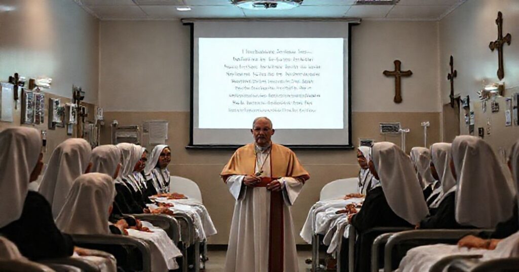 Rzeczywista scena w libańskim szpitalu De La Croix, gdzie fałszywy papież Robert Prevost otaczający się rzekomymi 'siostrami franciszkańskimi' w nowoczesnym stroju mówi do chorych. Szpitalowe środowisko kontrastuje z tradycyjnymi katolickimi wizerunkami krzyży i przedmiotów religijnych usuniętymi lub zastąpionymi świeckimi dekoracjami.