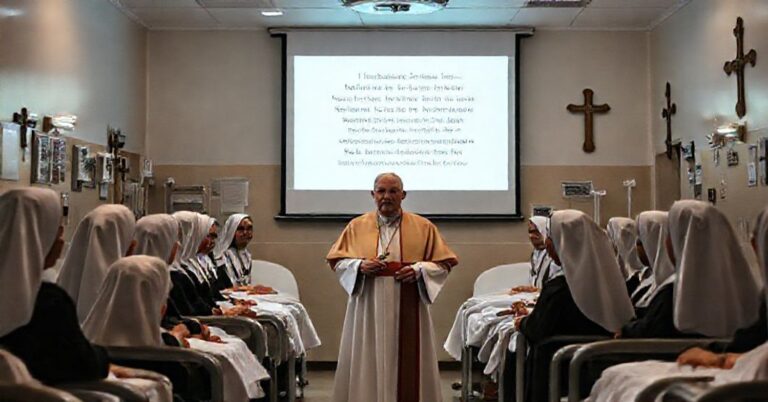 Rzeczywista scena w libańskim szpitalu De La Croix, gdzie fałszywy papież Robert Prevost otaczający się rzekomymi 'siostrami franciszkańskimi' w nowoczesnym stroju mówi do chorych. Szpitalowe środowisko kontrastuje z tradycyjnymi katolickimi wizerunkami krzyży i przedmiotów religijnych usuniętymi lub zastąpionymi świeckimi dekoracjami.