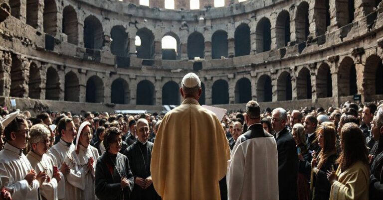 Sobór, w którym fałszywy papież prowadzi modlitwę o pokój w Koloseum, otoczony modlącej się tłumy