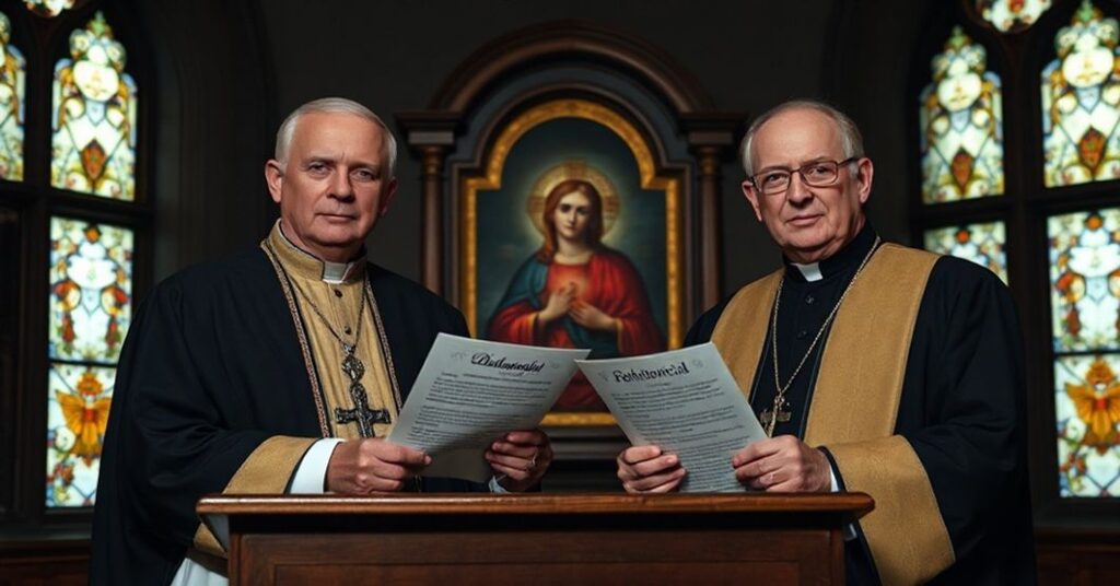 Obraz przedstawiający fałszywego papieża Roberta Prevosta ('Leona XIV') i jego zwierzchnika Pietro Parolina podczas prezentowania deklaracji ekumenicznej w kaplicy katolickiej.