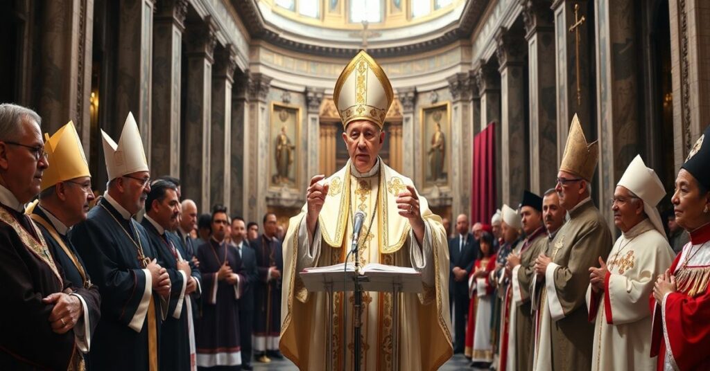 Obraz przedstawiający fałszywego papieża Roberta Prevosta podczas heretycznej ekumenicznej mowy w bazylice św. Pawła za Murami w Rzymie.