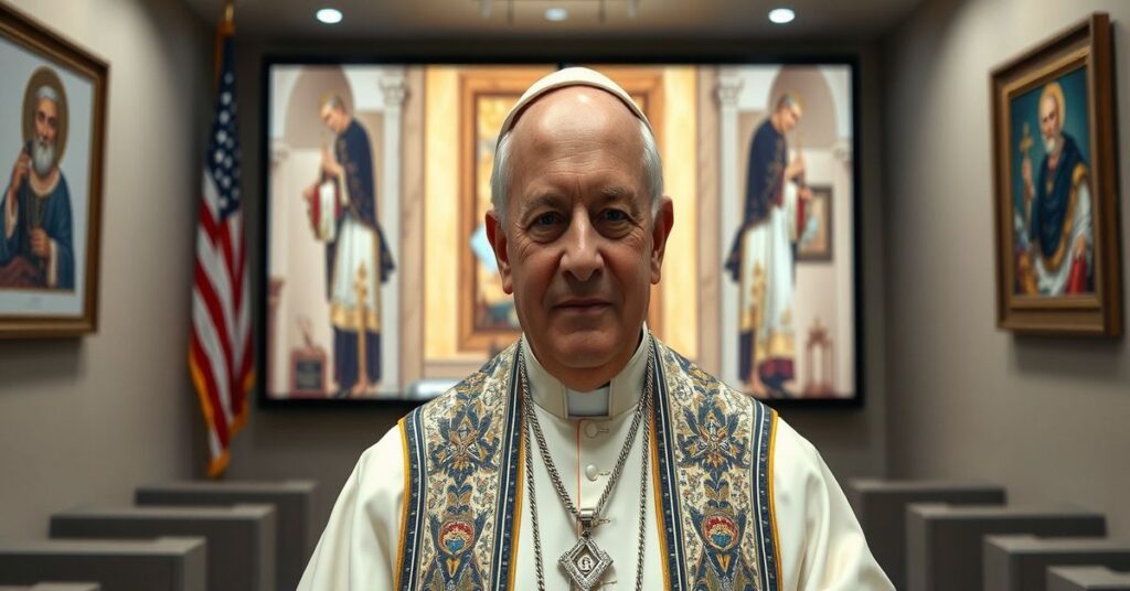 Portret fałszywego papieża Roberta Prevosta przyjmującego Medal Wolności od National Constitution Center w wirtualnym uroczystości na tle flagi USA i symboli masońskich.
